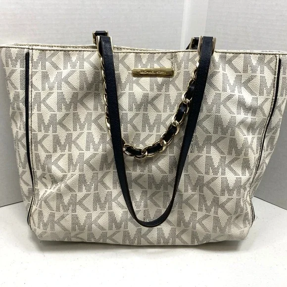 Michael Kors Harper MK‎ Signature Chain Tote Purse White/Blk With MK Wallet - Picture 8 of 16
